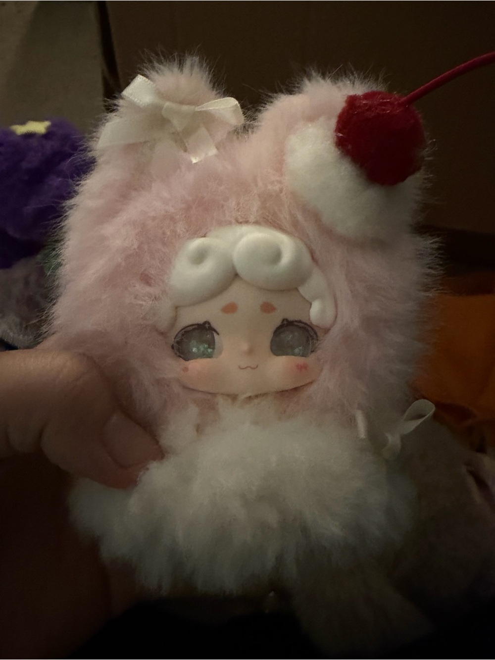 Plush Pink Fuzzy Character Plush Toy with White Trim